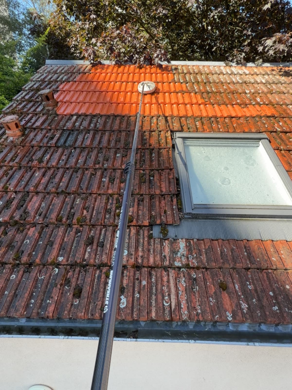 Nettoyage d'une toiture en tuiles mécaniques à la perche télescopique : la bande déjà traitée a retrouvé sa couleur orange vif